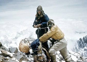 Sir Edmund Hillary and Tenzing Norgay approaching the highest camp on Everest at 8,500 metres, May 1953