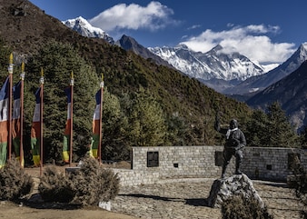 Tenzing Norgay’s statue outside his visitor centre in Namche Bazaar. The peaks of Everest and Lhotse form a striking backdrop, reminding visitors of his pioneering achievements as a mountaineer.