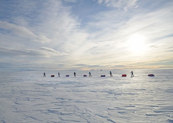 The all-female team of the Before it’s Gone (BIG) Expedition who skied across three Arctic locations to collect crucial sea ice data that will contribute to our understanding of climate and environmental change in the Arctic. The team pull sledges loaded with equipment including tents, food, scientific equipment and sleeping bags.