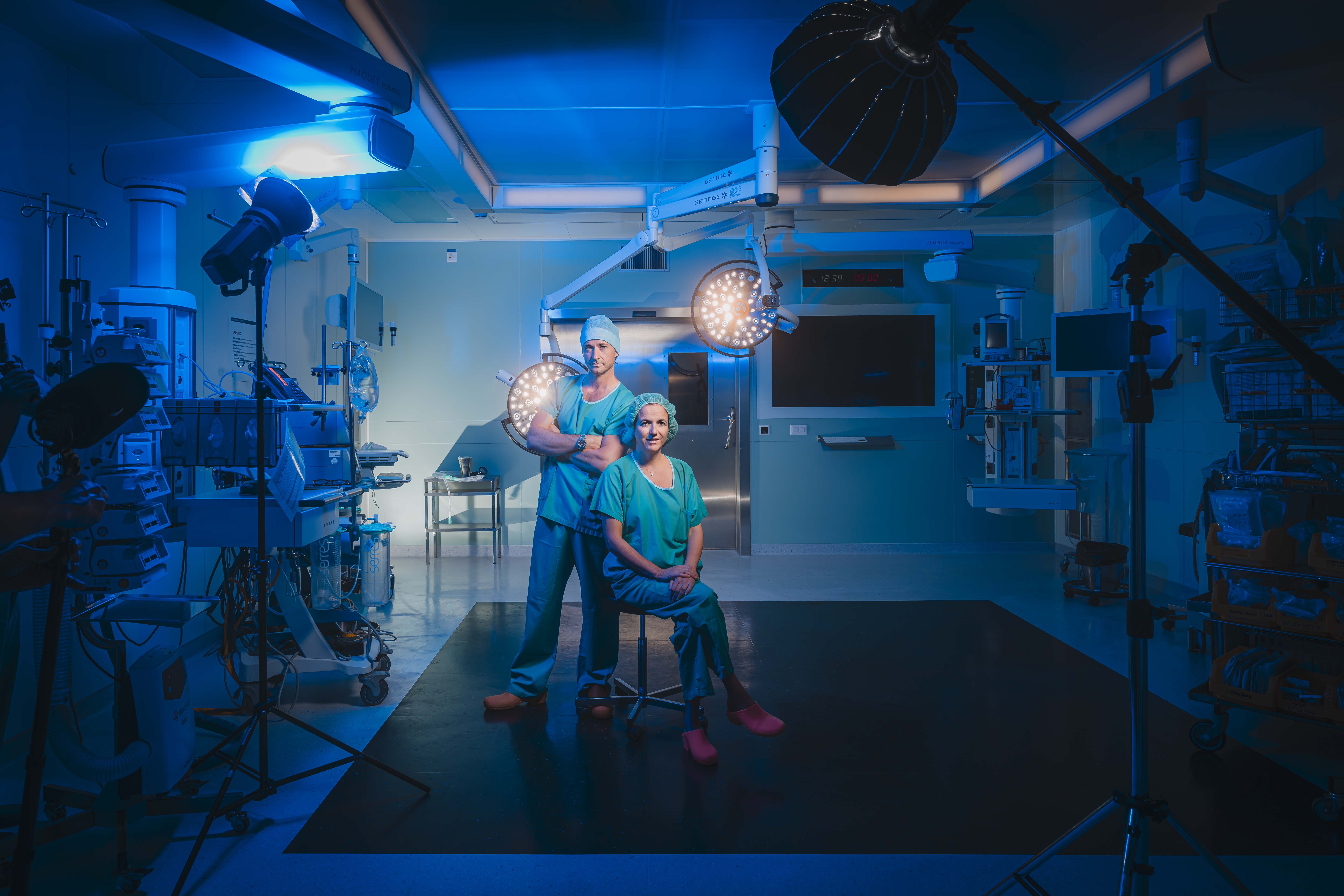 Rolex Awards Laureate Grégoire Courtine wearing scrubs alongside his research partner Jocelyne Bloch. They are pictured at the Centre Hospitalier Universitaire Vaudois (CHUV) in Lausanne, where Bloch is leading the neurosurgery department.