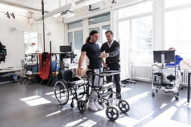Grégoire Courtine (right) working with patient Michel Roccati at the gait analysis lab. The neuroscientist is developing groundbreaking bioengineering technologies to treat spinal cord injuries, aiming to restore mobility to paralysed people around the world.