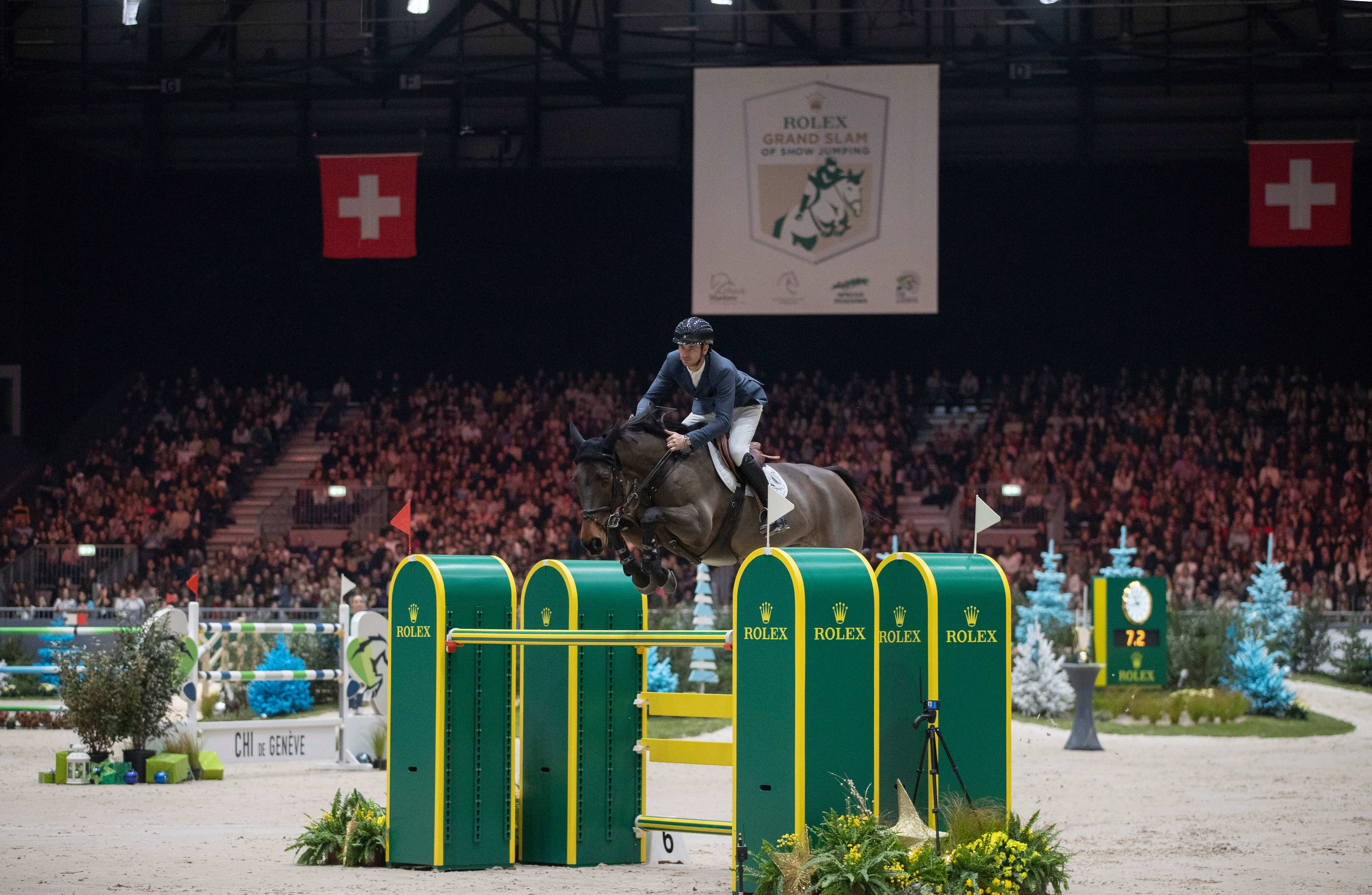 ROLEX TESTIMONEE STEVE GUERDAT RIDING VENARD DE CERISY WINNERS OF THE ROLEX IJRC TOP 10 FINAL AT THE CHI GENEVA 2023