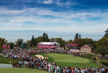 A VIEW OF THE 18TH GREEN AT THE AMUNDI EVIAN CHAMPIONSHIP IN 2018