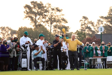 ROLEX TESTIMONEES AND HONORARY STARTERS JACK NICKLAUS AND GARY PLAYER AT THE 85TH MASTERS