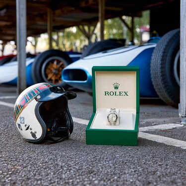 ROLEX TESTIMONEE SIR JACKIE STEWART'S ORIGINAL HELMET FROM 1966 AND THE ENGRAVED OYSTER PERPETUAL DATEJUST 41 PRESENTED TO THE ROLEX DRIVER OF THE MEETING AT THE 2021 GOODWOOD REVIVAL