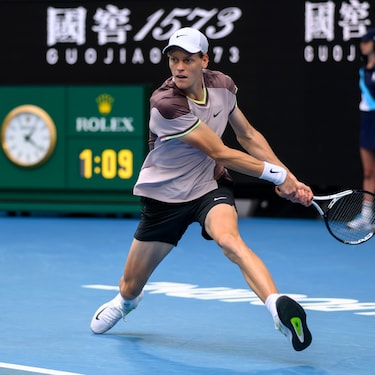 ROLEX TESTIMONEE JANNIK SINNER HITS A BACKHAND AT THE 2024 AUSTRALIAN OPEN