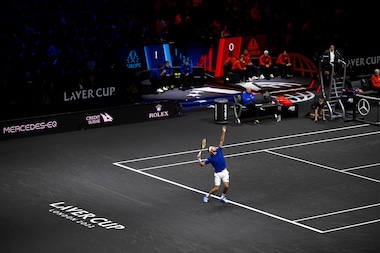 ROLEX TESTIMONEE STÉFANOS TSITSIPÁS HITS A SERVE AT THE 2022 LAVER CUP