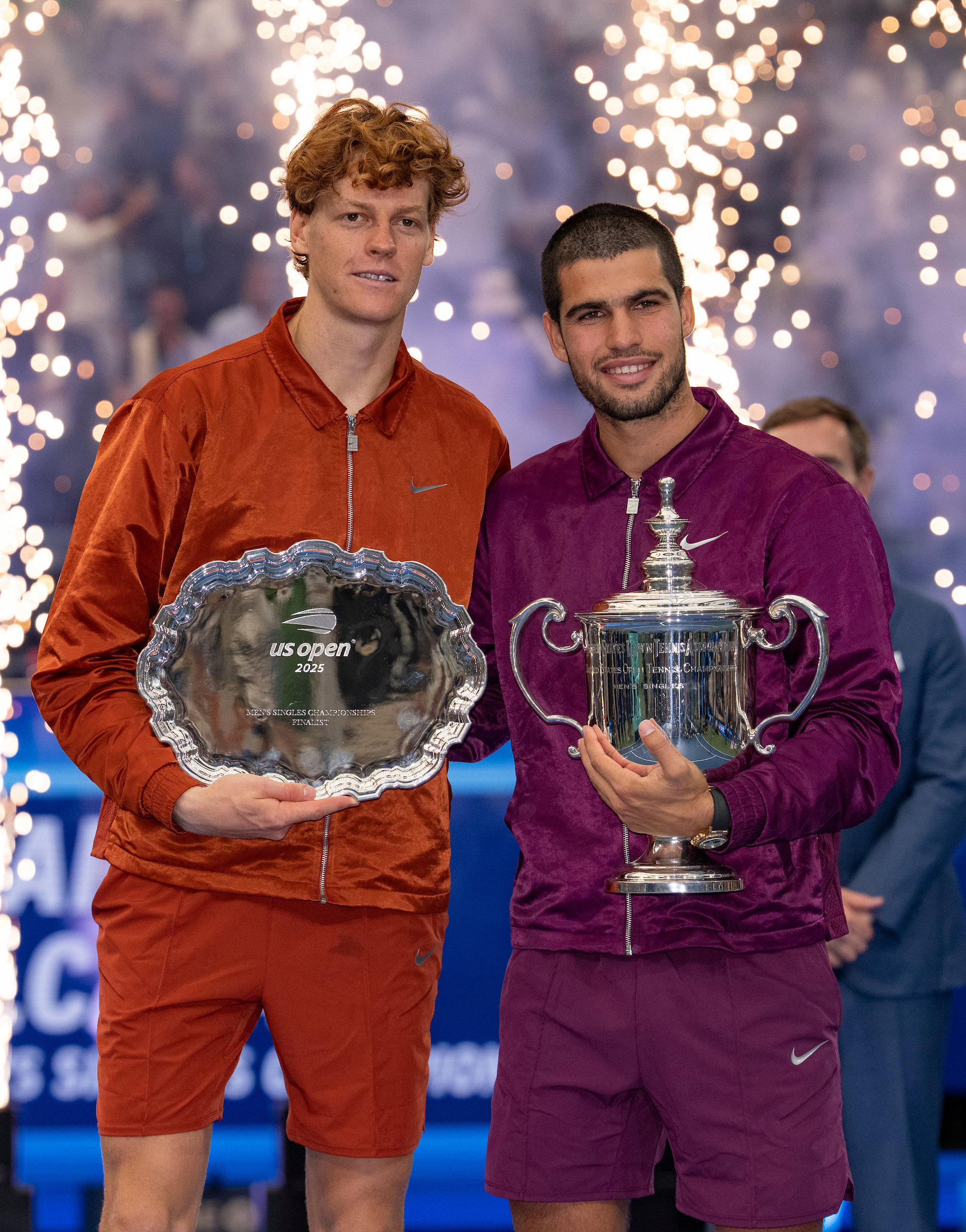 ROLEX TESTIMONEES JANNIK SINNER AND CARLOS ALCARAZ DURING THE PRIZE-GIVING CEREMONY AT THE 2025 US OPEN